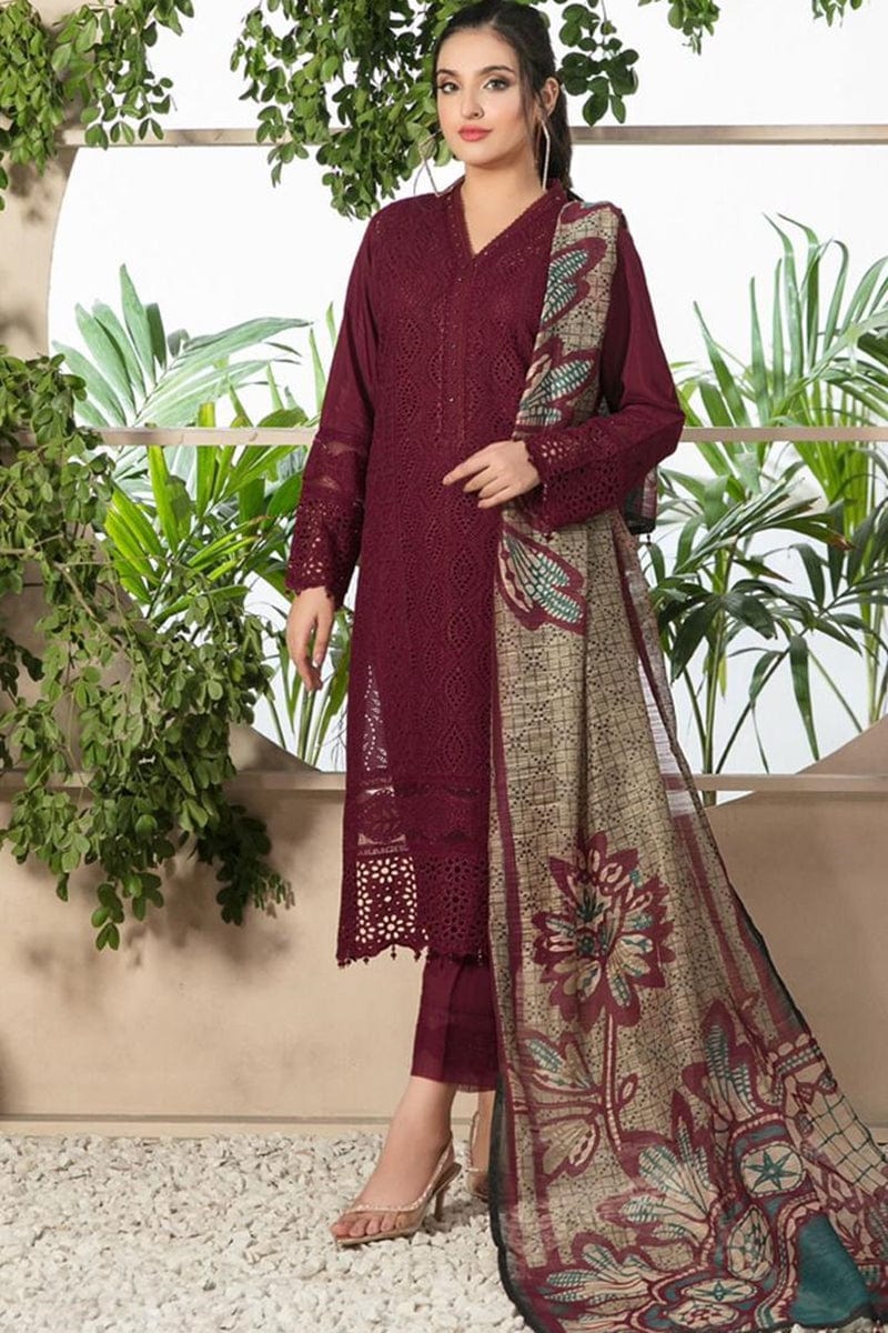 Chikenkari Lawn Embroidered 3pc AL 0762 Mehroon