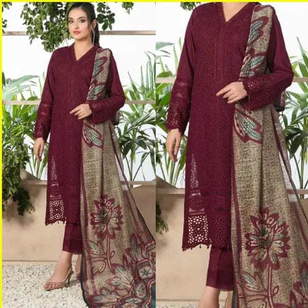 Chikenkari Lawn Embroidered 3pc AL 0762 Mehroon