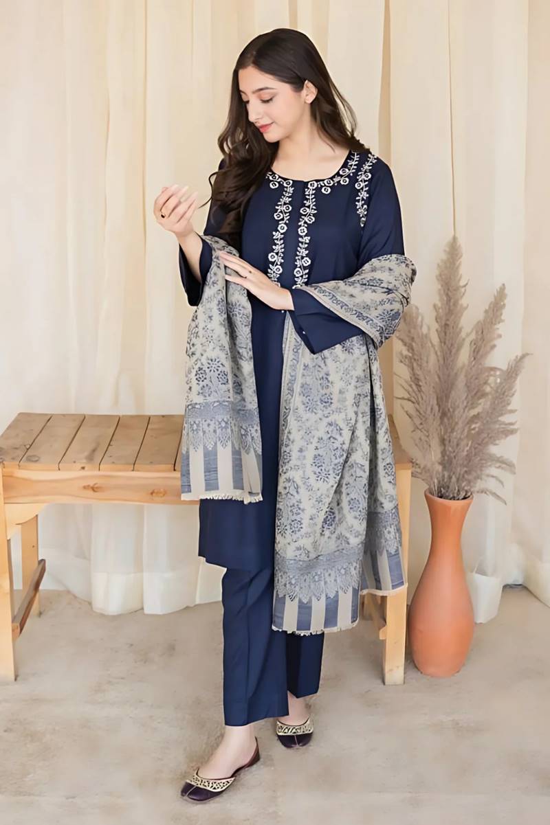 ALU 841 Blue  Lawn Embroidered three piece With Woolen Duppata