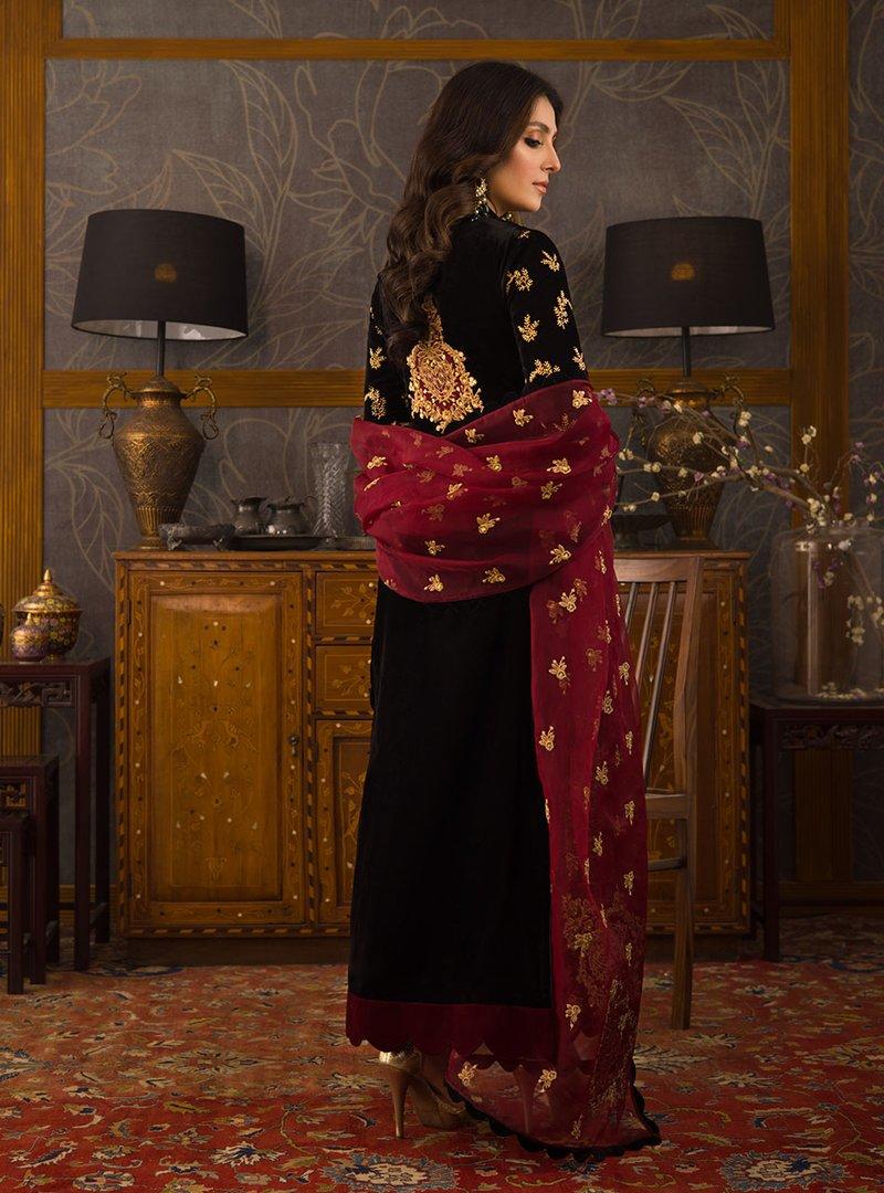 Azure D-107 Black Velvet Embroidered 3pc