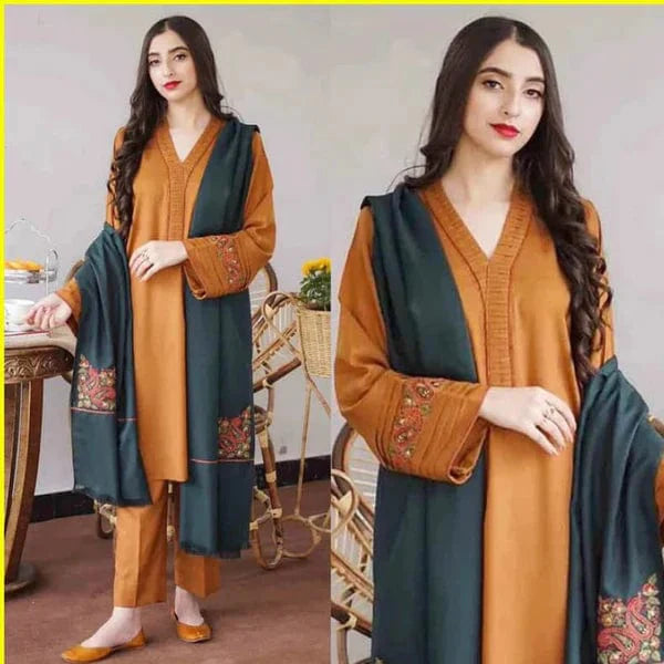 D-476 Musturd Dhanak Embroidered 3Pc